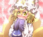  blonde_hair blush fox_tail hands_in_sleeves hat heart heart_background highres hiro_(pqtks113) multiple_tails short_hair solo tail touhou yakumo_ran yellow_eyes 