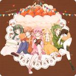  aoki_reika blonde_hair blue_eyes blue_hair boots bow brown_background candy chocolate chocolate_heart cookie doughnut dress eko_(ecology) food green_eyes green_hair grin heart hino_akane hoshizora_miyuki kise_yayoi lollipop long_hair midorikawa_nao multiple_girls orange_eyes pink_hair ponytail precure red_hair redhead ribbon shoes short_hair shorts skirt smile smile_precure! sneakers strawberry_shortcake swirl_lollipop title_drop wink yellow_eyes 