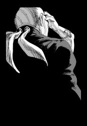  1boy 1girl commentary dark-skinned_male dark_skin english_commentary enrico_pucci greyscale hand_on_another's_face highres jeonjin_(mynamebazin) jojo_no_kimyou_na_bouken kujo_jolyne long_sideburns monochrome priest sideburns split_ponytail stone_ocean 