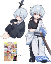  1boy absurdres aged_down barefoot black_boots black_pants black_shirt boots closed_mouth fluffy_hair gintama grey_hair hair_between_eyes highres holding holding_sword holding_weapon hufy japanese_clothes katana long_sleeves male_focus multiple_views pants parted_lips red_eyes reference_inset sakata_gintoki shirt simple_background sitting sleeves_past_wrists standing sword weapon white_background wide_sleeves wooden_sword 
