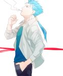  blue_hair casual cigarette earrings fate/stay_night fate_(series) hand_in_pocket jewelry lancer long_hair male ponytail red_eyes smoking solo sukumaraku 
