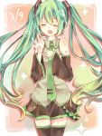  closed_eyes detached_sleeves eyes_closed green_hair hatsune_miku headset highres long_hair mikupa necktie open_mouth renge_(2798537) skirt solo thigh-highs thighhighs twintails v very_long_hair vocaloid 