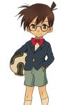  ball blue_eyes bowtie brown_hair detective_conan edogawa_conan glasses hand_in_pocket kneehighs male meitantei_conan ochappa shorts soccer_ball solo white_background 