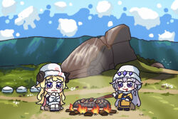  2girls animal_ears bing_huyue blonde_hair blue_sky blush_stickers braid cape chibi chopsticks clouds cooking curled_horns dress english_commentary fire fireplace food fur-trimmed_dress fur_trim gem_hair_ornament grasslands grill grilling hair_flaps hat highres hololive horns koseki_bijou long_hair meat mongolia mongolian_clothes multiple_girls nervous pink_cape real_world_location roasting sheep_(minecraft) sheep_ears sheep_girl sheep_horns sitting sky tongue tongue_out tsunomaki_watame tsunomaki_watame_(1st_costume) turtle_rock violet_eyes virtual_youtuber wavy_hair yurt 