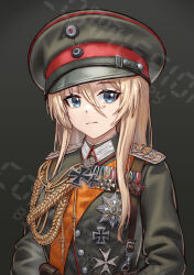  1girl absurdres aiguillette azur_lane bismarck_(azur_lane) blonde_hair blue_eyes closed_mouth commission cross epaulettes hat highres huihuang_rongyao iron_cross long_bangs looking_at_viewer medal military_uniform peaked_cap solo upper_body watermark 