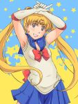  armpit_hair armpits bishoujo_senshi_sailor_moon blonde_hair blue_eyes bow circlet crescent earrings elbow_gloves elk115 face gloves grin jewelry long_hair sailor_moon skirt smile solo star tsukino_usagi twintails 