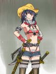  bandage bandages blue_hair breasts cosplay cutoffs denim denim_shorts kagura_(oneechanbara) kagura_(oneechanbara)_(cosplay) kanbaru_suruga monogatari_(series) navel nisemonogatari oneechanbara oniyan panties seiyuu_connection short_hair short_shorts shorts signature solo sword thong tongue under_boob underboob underwear weapon 