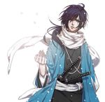  black_hair blue_eyes flower hakuouki_shinsengumi_kitan hatoya_yukari japanese_clothes long_hair male open_mouth ponytail saitou_hajime_(hakuouki) scarf snowing solo sword weapon 