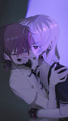  2girls absurdres black_shirt blue_eyes blush bracelet brown_hair classroom commentary english_commentary fang girls_band_cry grey_eyes grey_hair hand_on_another's_face highres hug iseri_nina jewelry kawaragi_momoka long_hair low_twintails multiple_girls one_eye_closed open_mouth shikai_no_sumi_kuchiru_oto shirt short_hair short_sleeves short_twintails skin_fang spiked_bracelet spikes twintails white_shirt ydpfa yuri 