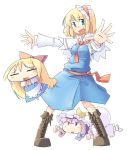  alice_margatroid arnest blonde_hair blue_eyes boots bow capelet crescent cross-laced_footwear hair_bow hairband hat lace-up_boots long_hair multiple_girls open_mouth outstretched_hand patchouli_knowledge purple_hair shanghai_doll short_hair skirt skirt_set touhou white_background 