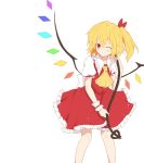  ascot blonde_hair bow flandre_scarlet hair_bow highres laevatein lunaticprince no_hat no_headwear red_eyes short_hair side_ponytail skirt skirt_set solo star the_embodiment_of_scarlet_devil touhou white_background wink wrist_cuffs 