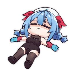  1girl alpha_transparency black_leotard black_shoes black_thighhighs blue_gloves blue_hair braid chibi closed_eyes closed_mouth colphne_(girls'_frontline_2) colphne_(silent_heart)_(girls'_frontline_2) commentary english_commentary girls'_frontline_2:_exilium girls_frontline gloves hat leotard lying medium_hair nurse_cap on_back rishe_(reeeeshe) shoes simple_background solo thigh-highs twin_braids 