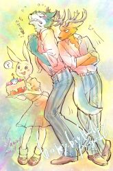  1girl 2boys antlers beastars birthday_cake blue_fur blush body_fur brown_eyes cake deer_boy dress flying_sweatdrops food furry furry_female highres holding holding_cake holding_food horns legoshi looking_at_another louis_(beastars) multiple_boys orange_dress orange_fur pink_shirt rabbit_girl sammy_(freezingsammy) shirt standing suspenders tail translation_request wolf_boy yellow_background yellow_fur 