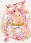  adult bishoujo_senshi_sailor_moon breasts chibi_usa cleavage crescent double_bun dress facial_mark flower forehead_mark hair_flower hair_ornament long_hair pink_hair princess puffy_sleeves red_eyes rita151 rose small_lady_serenity solo traditional_media twintails yellow_rose 