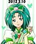  2012 akimoto_komachi brooch butterfly_hair_ornament cure_mint dated earrings flower green_eyes green_hair hair_ornament hairpin jewelry kagami_chihiro long_hair magical_girl pink_rose precure rose smile solo white_background yes!_precure_5 