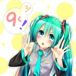  bare_shoulders blush character_name detached_sleeves green_eyes green_hair hands hatsune_miku long_hair mikupa necktie neziiro solo twintails vocaloid 