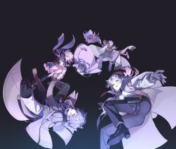 3boys 3girls absurdres black_background black_bow black_footwear black_pants black_shoes bow dan_heng_(honkai:_star_rail) falling floating_hair from_below grey_hair hair_ornament high_heels highres himeko_(honkai:_star_rail) honkai:_star_rail honkai_(series) march_7th_(honkai:_star_rail) necktie pants qian_qian_qian thigh_strap trailblazer_(honkai:_star_rail) welt_yang white_jacket