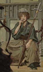  1other androgynous azuma_kaisen blue_shirt branch brown_hair cigarette fence full_body green_socks grey_pants hatsburg highres holding holding_polearm holding_weapon jewelry len'en necklace ogata_garaiya pants polearm red_ribbon ribbon shirt smoking socks solo tagme toad_(animal) weapon 