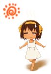  =_= bandaid brown_hair chibi closed_eyes dress eyes_closed hairband outstretched_arms rokujou_jun shadow short_hair simple_background solo spread_arms sun sun_(symbol) suzumiya_haruhi suzumiya_haruhi-chan_no_yuuutsu suzumiya_haruhi_no_yuuutsu tan tears 