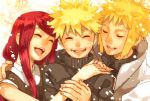  2boys age_difference blonde_hair closed_eyes dream_world eyes_closed family fantasy father_and_son happy hug husband_and_wife kumatani laughing long_hair mother_and_son multiple_boys namikaze_minato naruto red_hair redhead smile snow spiked_hair spiky_hair uzumaki_kushina uzumaki_naruto 