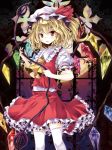  ascot blonde_hair crystal flandre_scarlet floral_background full_moon hat highres laevatein moon red_eyes side_ponytail skirt solo stained_glass tamago_gohan thigh-highs thighhighs touhou white_legwear window wings zettai_ryouiki 