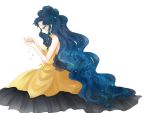  bishoujo_senshi_sailor_moon black_hair blue_eyes blue_hair candy dress facial_mark forehead_mark hair_bun long_hair luna_(sailor_moon) nagi_mizuha simple_background solo very_long_hair white_background yellow_dress 