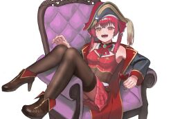  1girl boots breasts brown_shoes brown_thighhighs chair coat cup drinking_glass hat heterochromia high_heels hiiasd1 holding holding_cup hololive houshou_marine houshou_marine_(1st_costume) looking_at_viewer open_mouth pirate_hat red_eyes red_ribbon red_skirt ribbon shoes simple_background sitting skirt smile solo teeth thigh-highs twintails white_background wine_glass yellow_eyes 