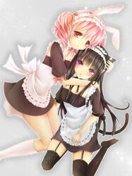  animal_ears apron black_hair black_legwear bunny_ears cat_ears cat_tail garter_belt highres hug inu_x_boku_ss kneehighs kneeling long_hair maid multiple_girls natsuki_yuka pink_hair purple_eyes roromiya_karuta shirakiin_ririchiyo sitting tail thigh-highs thighhighs twintails very_long_hair violet_eyes white_legwear 