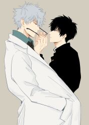  2boys absurdres adam's_apple black-framed_eyewear black_hair black_jacket black_necktie blue_eyes closed_mouth coat collared_jacket collared_shirt commentary_request gakuran ghqjyu gintama glasses green_shirt grey_background grey_hair hand_in_pocket highres hijikata_toushirou holding holding_removed_eyewear jacket long_sleeves male_focus multiple_boys necktie profile red_eyes sakata_gintoki school_uniform shirt short_hair simple_background unworn_eyewear white_coat wing_collar 