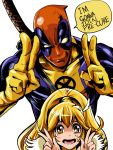  1girl blonde_hair bodysuit crossover cure_peace deadpool double_v english gloves hair_ornament hairpin kise_yayoi long_hair marvel mask precure shibusun smile_precure! sweat v white_background 