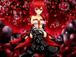  armband boots breasts broken_heart choker cleavage crossed_legs cul headset jacket large_breasts legs_crossed long_hair ponytail red red_eyes red_hair redhead rimu01 shorts sitting solo striped striped_legwear thigh-highs thighhighs vocaloid 