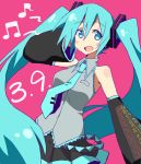  aqua_eyes aqua_hair bare_shoulders detached_sleeves exion_(neon) hand_on_headphones hatsune_miku headphones long_hair mikupa musical_note open_mouth simple_background skirt solo twintails very_long_hair vocaloid 