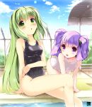  all_fours bad_id green_eyes green_hair long_hair multiple_girls one-piece_swimsuit original pool poolside purple_eyes purple_hair school_swimsuit swimsuit sys.ao twintails violet_eyes wet white_school_swimsuit 