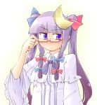  alternate_hairstyle arnest bespectacled blush bow bust capelet crescent glasses hair_bow hat long_hair no_hat no_headwear patchouli_knowledge purple_eyes purple_hair semi-rimless_glasses solo touhou twintails under-rim_glasses violet_eyes white_background 