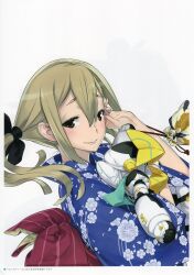  1girl 5pb. absurdres back_bow bag blonde_hair blue_kimono blush bow brown_eyes check_clothing clothing_request floral_print floral_print_kimono floral_print_sleeves fukuda_tomonori hair_between_eyes hair_bow hair_ribbon highres holding holding_bag japanese_clothes kimono kinchaku koujiro_frau long_hair looking_at_viewer multiple_hair_bows non-web_source obi obijime official_art pouch print_kimono ribbon robotics;notes sash sidelocks simple_background smile solo striped_bow toy toy_robot twintails white_background 