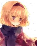  1girl alice_margatroid amahira blonde_hair blue_eyes capelet dress hairband mittens scarf short_hair snow solo touhou winter_clothes 