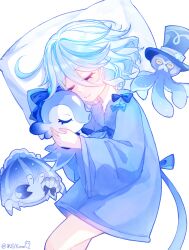  1girl absurdres blue_bow blue_hair blue_shirt bow chinese_commentary closed_eyes closed_mouth commentary_request furina_(genshin_impact) genshin_impact gentilhomme_usher head_on_pillow highres long_shirt long_sleeves lying mademoiselle_crabaletta mibai_yume no_pants on_side pillow shirt short_hair sleeping smile surintendante_chevalmarin white_background wide_sleeves 