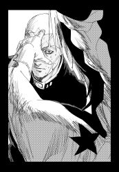  1boy 1girl arm_tattoo birthmark braid commentary crosshatching dark-skinned_male dark_skin english_commentary enrico_pucci greyscale hand_on_another's_face hatching_(texture) highres jeonjin_(mynamebazin) joestar_birthmark jojo_no_kimyou_na_bouken kujo_jolyne long_sideburns monochrome nervous_sweating priest sideburns star_(symbol) stone_ocean sweat tattoo 