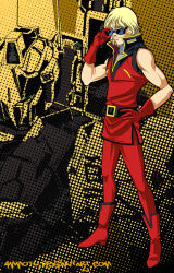  adjusting_eyewear aeug ammotu bare_shoulders blonde_hair english_commentary exposed_internal_machinery gloves gundam hyaku_shiki looking_at_viewer machinery mecha military_uniform mobile_suit mullaet quattro_bajeena red_gloves robot science_fiction signature sunglasses toned vest zeta_gundam 