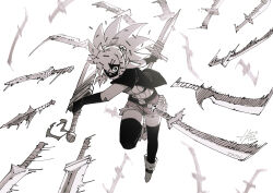  1girl artist_name belt boots breasts dagger dual_wielding fingerless_gloves gloves greyscale hair_ornament highres holding incoming_attack katana knife kunai monochrome original shaded_face short_shorts shorts signature simple_background sword thigh-highs too_many_weapons weapon white_background za1f0n 