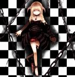  asymmetrical_clothes asymmetrical_clothing asymmetrical_legwear bare_legs barefoot black_dress blonde_hair bloomers blue_eyes chain chains checkered checkered_background choker claws detached_sleeves dress fingernails heart horns jewelry long_fingernails long_hair minnu off_shoulder original pendant ribbon shackle single_shoe smile solo tail tile_background 