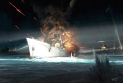  battle dark darren_tan explosion fire night night_sky no_humans ocean original projectile_trail scenery searchlight shadow ship ship_turret sky smoke water watercraft 