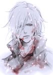  blood hakuouki_shinsengumi_kitan hatoya_yukari jacket looking_at_viewer male open_mouth red_eyes saitou_hajime_(hakuouki) short_hair snowing solo white_hair 