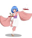 alternate_costume apron arm_up blue_eyes blue_hair blush carrying cherry_blossoms fang food fruit geta glass heterochromia highres ice ice_cream japanese_clothes kimono light_particles long_sleeves looking_at_viewer muginon obi open_mouth outstretched_arm parfait pocky red_eyes running shadow short_hair simple_background soda solo strawberry tabi tatara_kogasa touhou tray wafer water white_background white_legwear wide_sleeves 