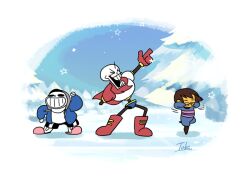 1other 2017 2boys 2d ambiguous_gender animated animated_gif armor artist_name black_shorts blue_jacket blue_shorts bone boots brothers brown_hair cape dancing digital_media frisk_(undertale) gloves hair holding holding_bone hood hood_down hood_up hooded_jacket human humanoid jacket jumping looping_animation male monster monster_boy multiple_boys open_jacket outdoors papyrus_(undertale) pink_slippers pointing red_boots red_cape red_gloves red_scarf sans_(undertale) scarf shirt short_hair shorts siblings slippers snow socks spinning striped_clothes striped_shorts sunglasses tbhoudai teeth tree trio unconventional_guitar undead undertale utdr_(toby_fox) white_armor white_shirt white_socks white_stripes