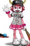  blood buffalo_bell nippon_professional_baseball open_mouth orix_buffaloes pink_eyes pink_hair pleated_skirt pon red_eyes short_hair simple_background skirt smile 