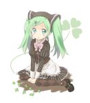  argyle argyle_legwear arm_support bowtie clover dress green_eyes green_hair hair_ornament hairclip hatsune_miku mary_janes nayutaho pantyhose shoes sitting solo twintails vocaloid wariza 
