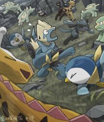  &gt;_&lt; commentary_request electrike falling_leaves flying_sweatdrops girafarig grass highres koffing komepan leaf manectric no_humans open_mouth outdoors piplup pokemon pokemon_(creature) pokemon_focus riolu skuntank tongue tongue_out x_x zubat 