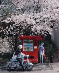  1boy 1girl black_boots blue_kimono boots can cherry_blossoms commentary_request gintama green_hair hadanugi_dousa highres holding holding_umbrella japanese_clothes kimono lushu_kuye motor_vehicle motorcycle oil-paper_umbrella on_scooter outdoors photo_background red_eyes sakata_gintoki sash scooter short_hair sitting skirt tama_(gintama) thigh-highs tree umbrella vending_machine white_hair white_kimono 