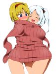 alice_margatroid blonde_hair blue_eyes blush closed_eyes fuantei hair_bobbles hair_ornament hairband multiple_girls naked_sweater open_mouth ribbed_sweater shared_sweater shinki side_ponytail silver_hair smile sweater touhou wide_hips 